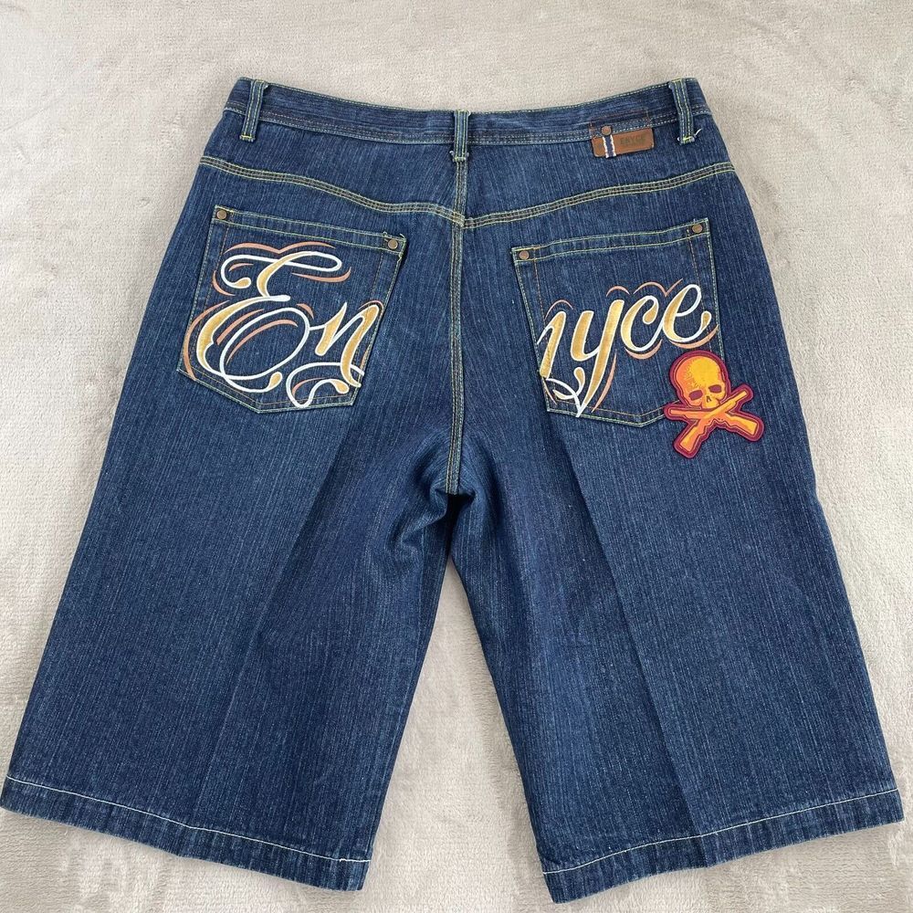 Vintage Enyce Jean Shorts Men 38 Baggy Fit Big Embroidered Jorts Studs Skull Y2K